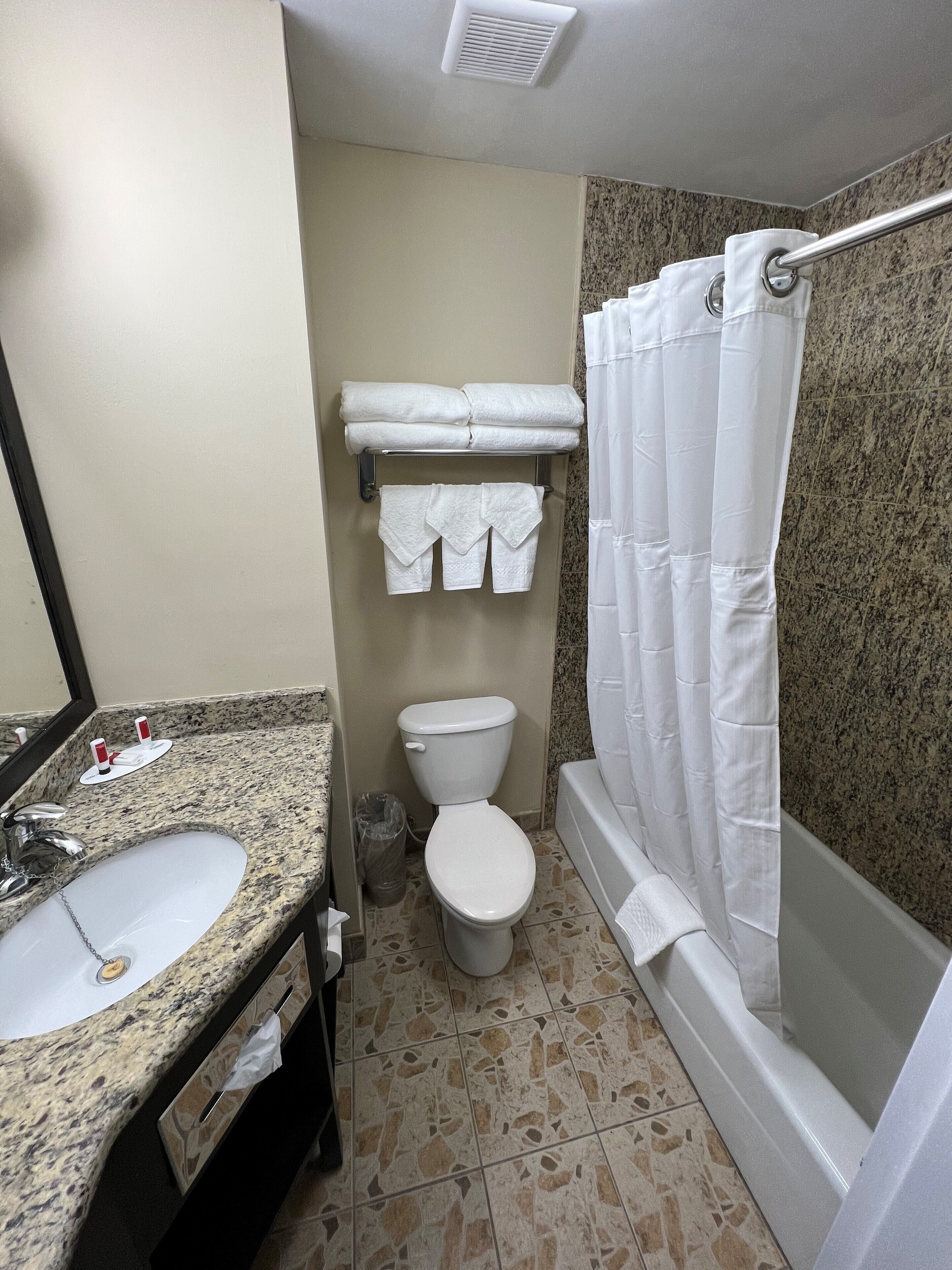 room, 1 queen bed, non smoking | bathroom | combined shower/bathtub, hair dryer, towels