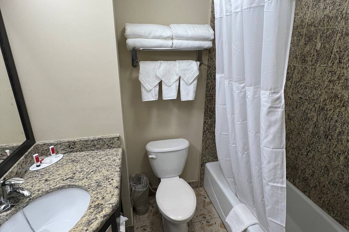 room, 1 queen bed, non smoking | bathroom | combined shower/bathtub, hair dryer, towels