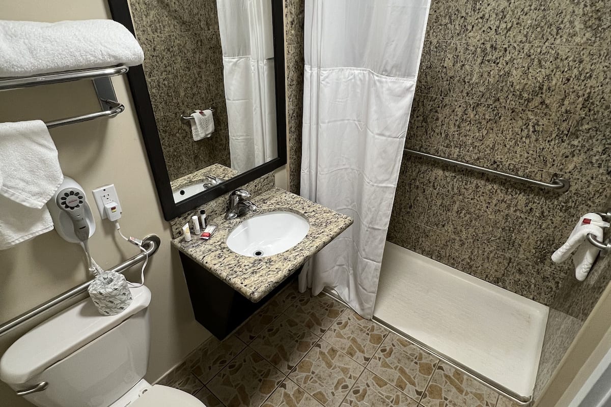 room, 1 king bed, accessible, non smoking (hearing/mobility, roll-in shower) | bathroom | combined shower/bathtub, hair dryer, towels