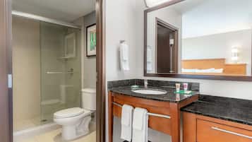 A modern bathroom with a glass-enclosed shower, a white toilet, a wooden vanity with a black countertop, and a large mirror above the sink.