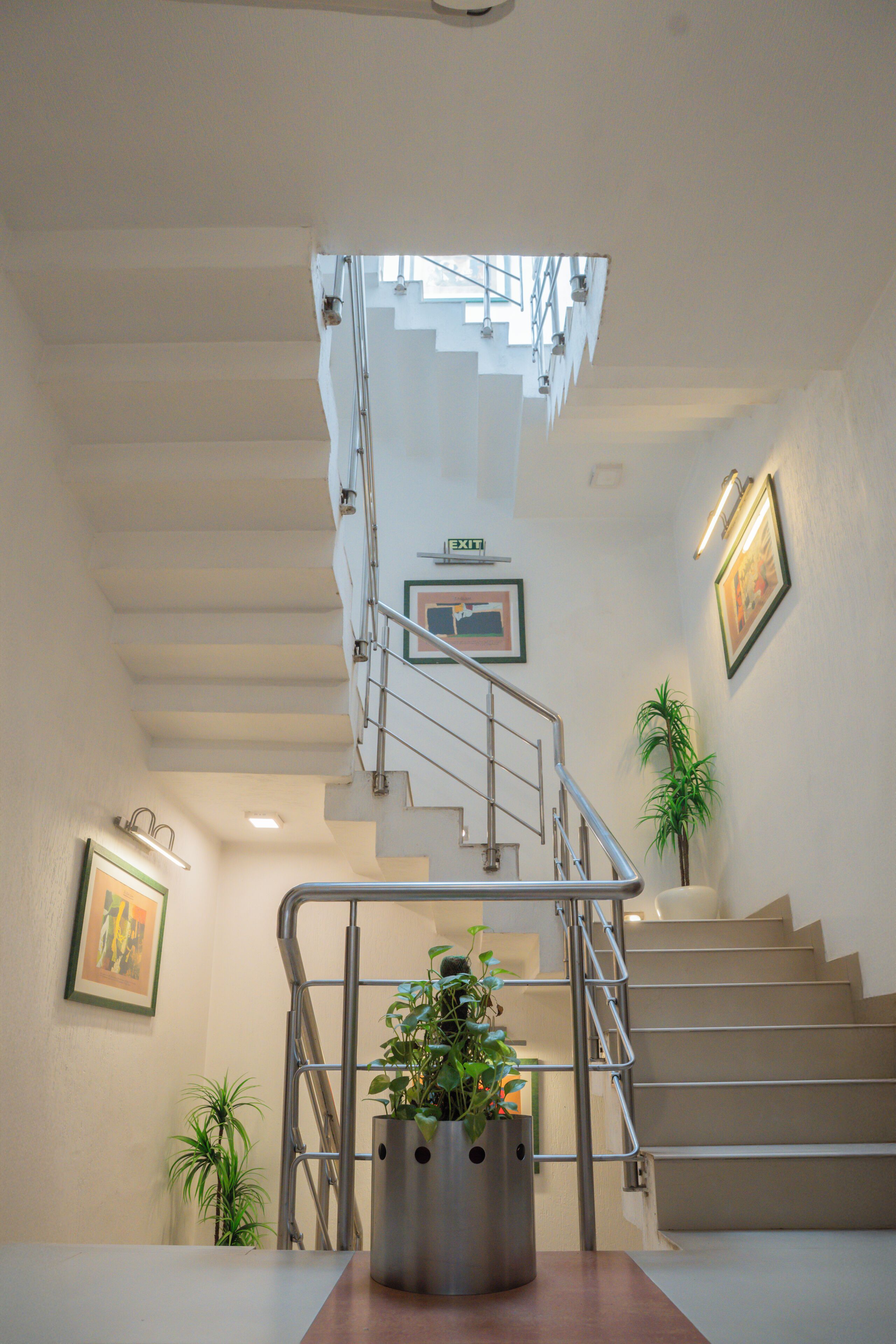 Un interior moderno con una escalera, barandas metálicas y plantas en macetas.