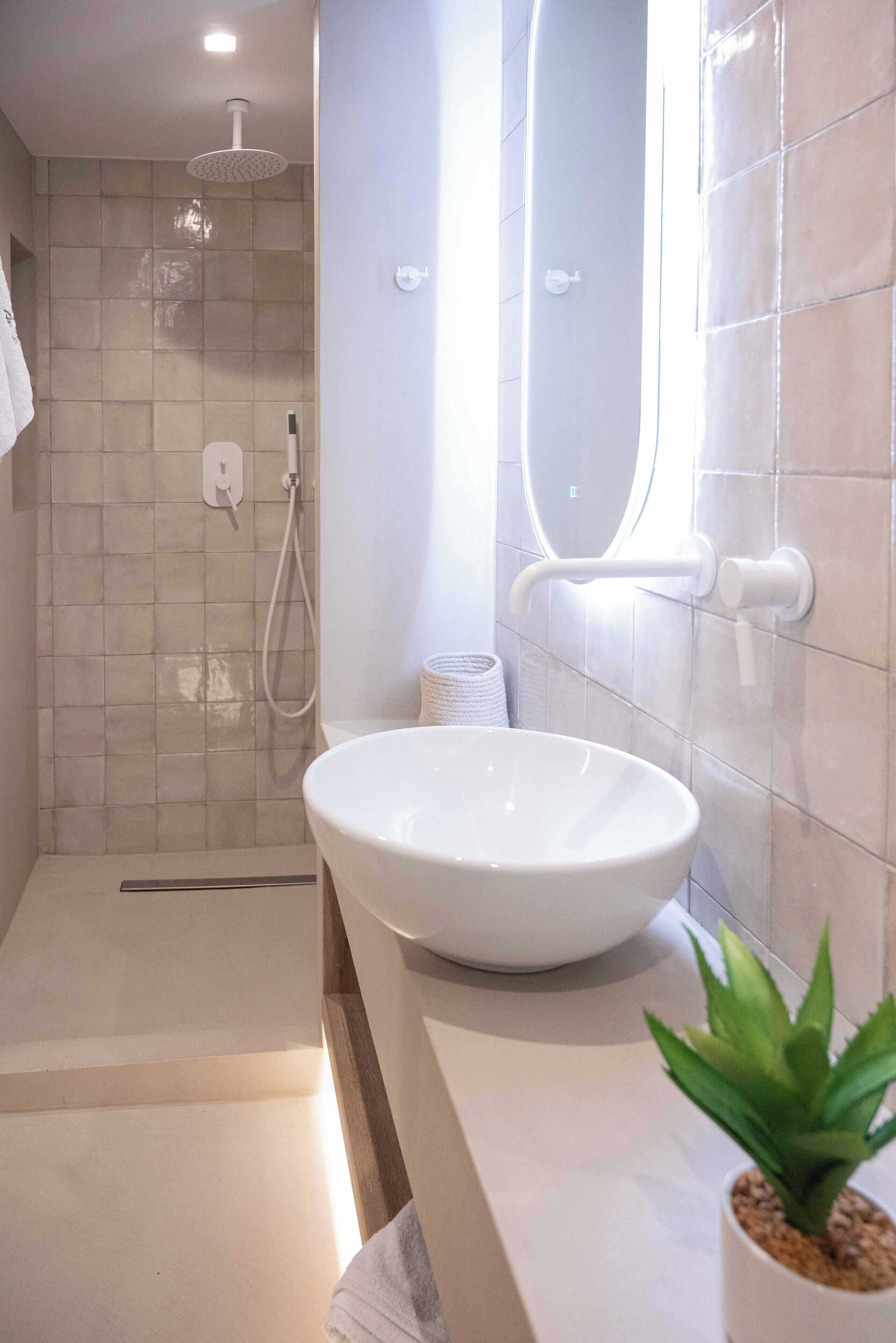 A modern bathroom with a large, round sink, a shower with a handheld showerhead, and a small potted plant on the counter.