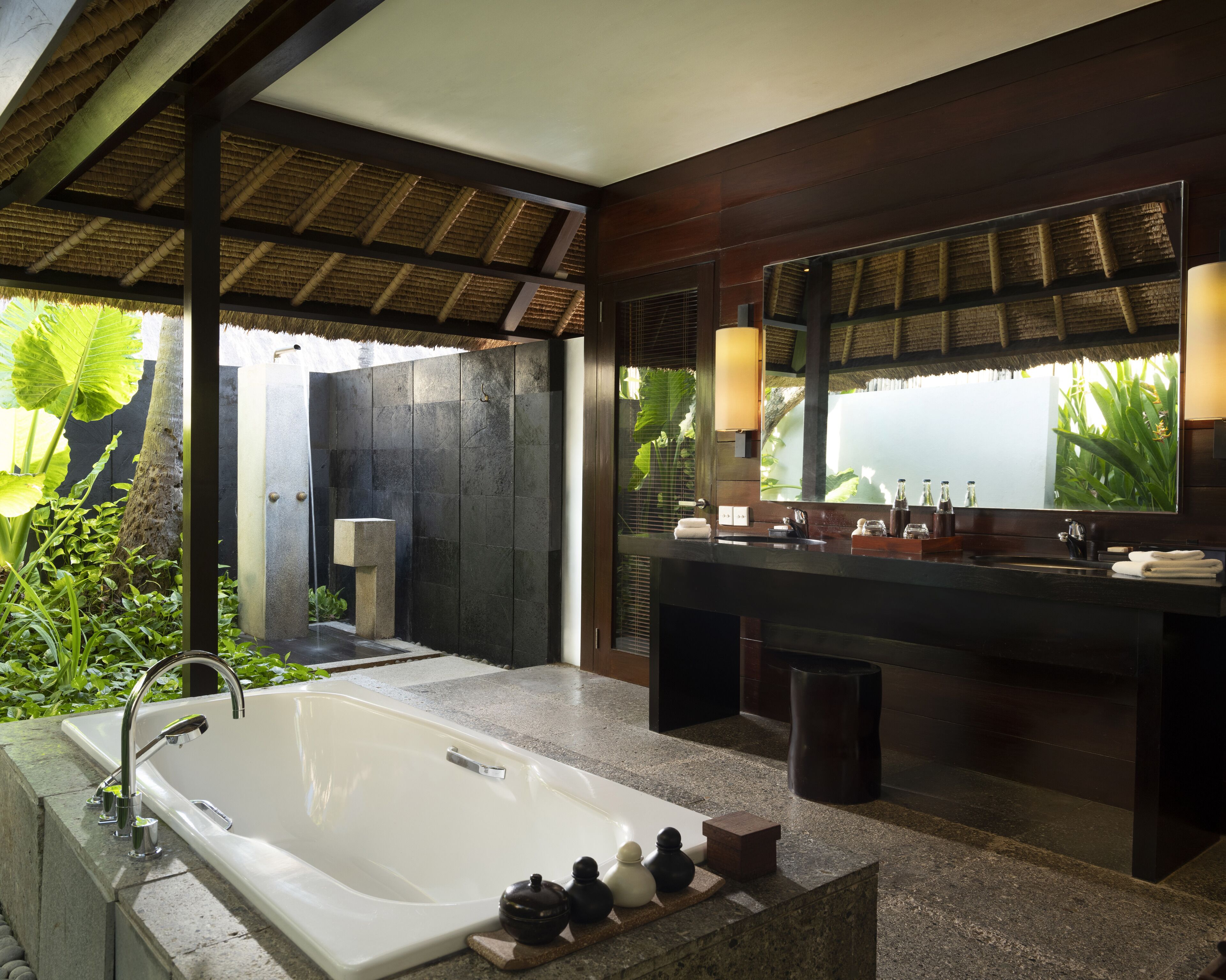 two-bedroom private estate pool villa | bathroom | separate bathtub and shower, deep-soaking bathtub, rainfall showerhead