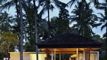 A modern house with a glass-enclosed porch, surrounded by palm trees and a reflective pool.