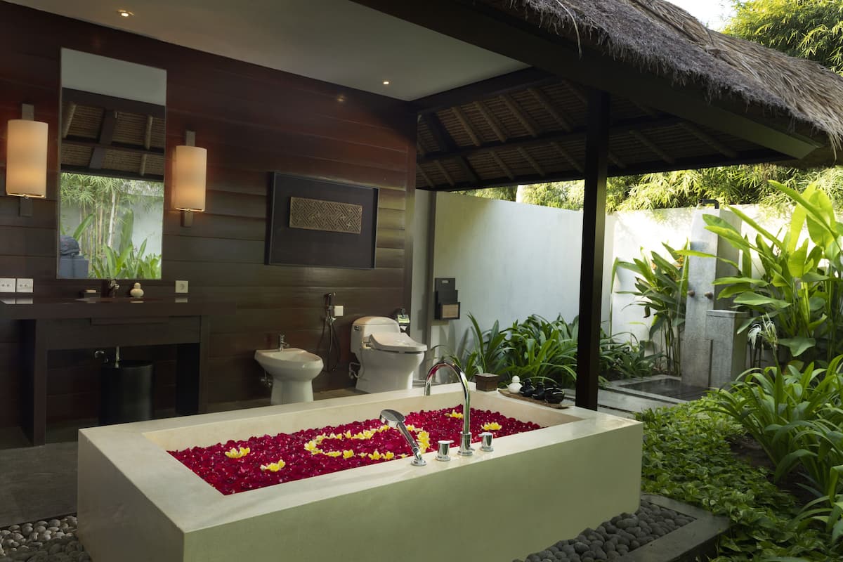 one-bedroom private estate pool villa | bathroom | separate bathtub and shower, deep-soaking bathtub, rainfall showerhead