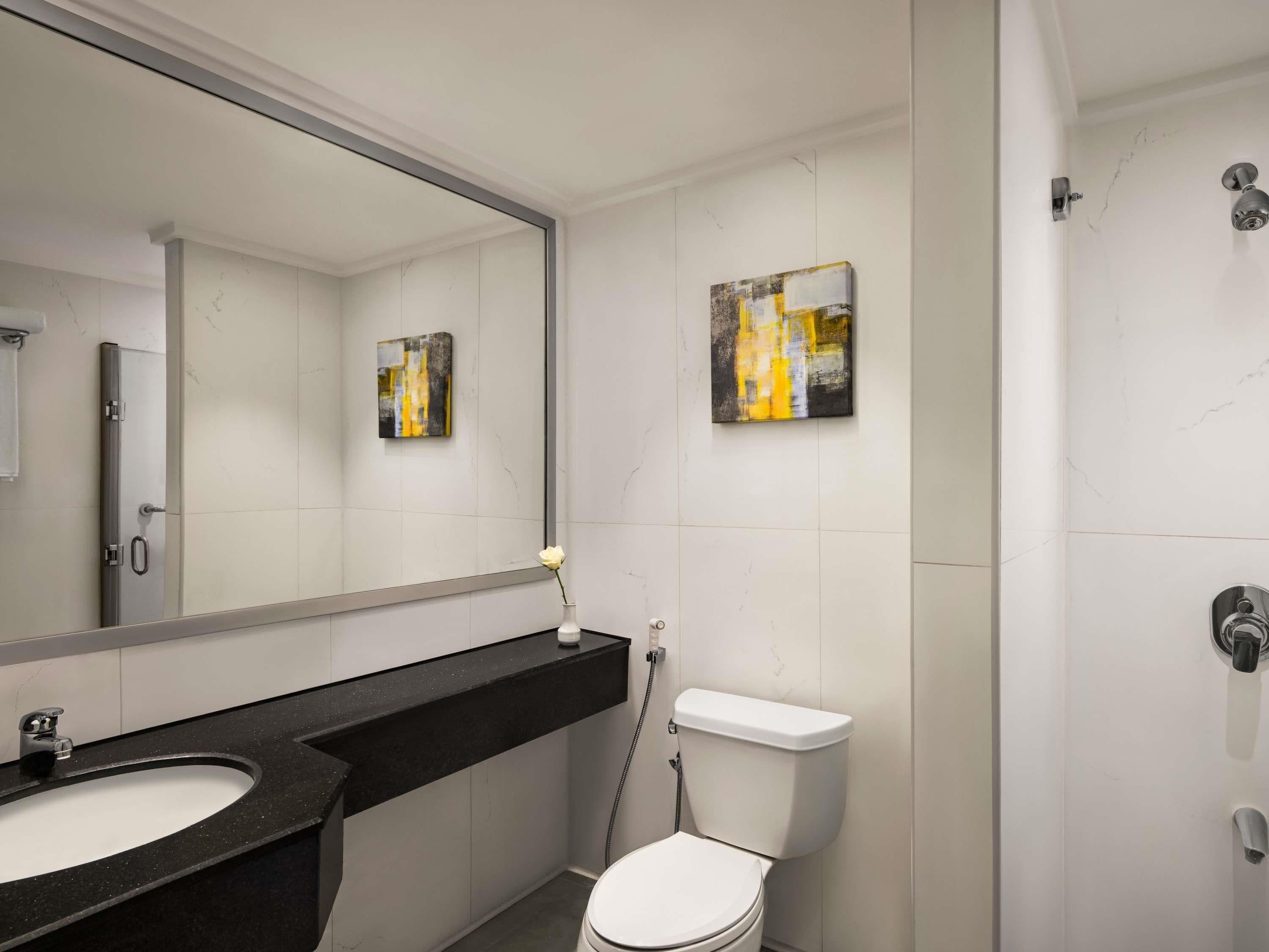 A modern bathroom with a large mirror, a black countertop sink, a toilet, and two abstract paintings on the wall.