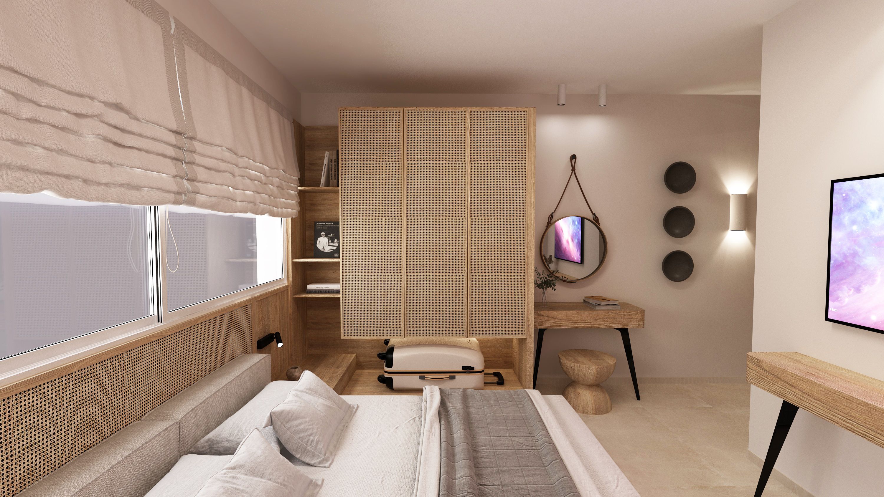 Un dormitorio con cama, mesita de noche y ventana con persianas.