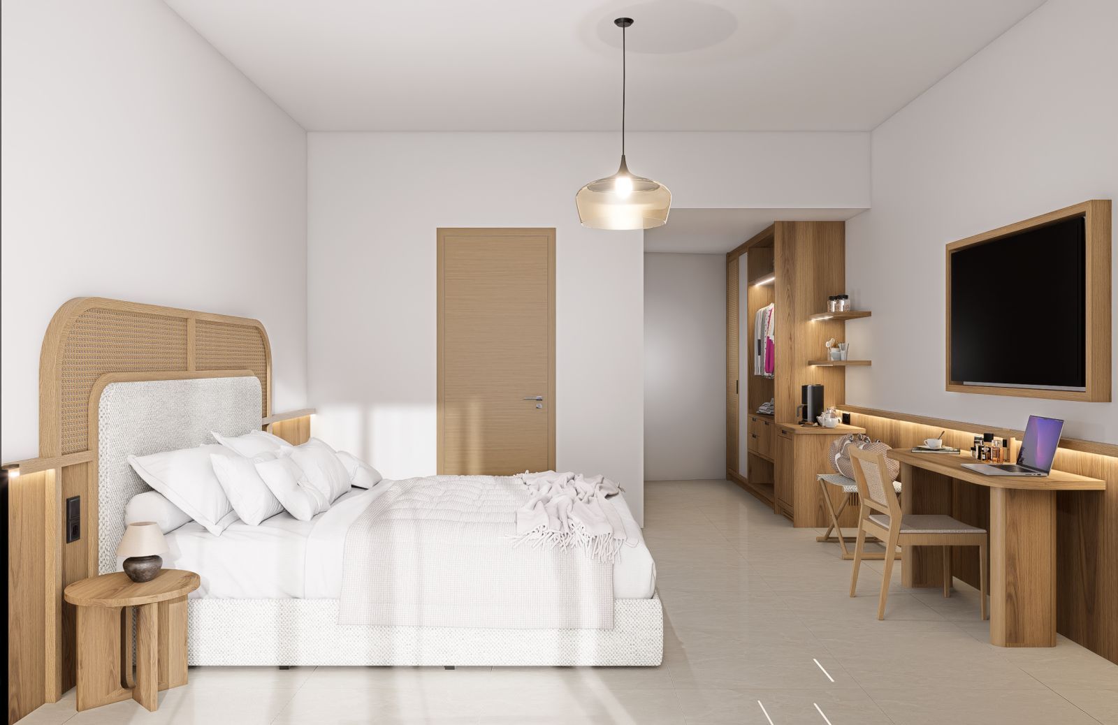 A modern bedroom with a bed, bedside table, lamp, wardrobe, desk, chair, and a hanging light fixture.
