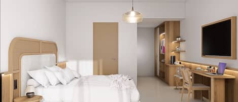 Une chambre à coucher moderne comprenant un lit, une table de chevet, une lampe, une armoire, un bureau, une chaise et un luminaire suspendu.