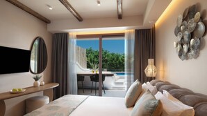 A hotel room with a large bed, a desk with a mirror, a view of the outdoors, and a decorative wall piece. - Alexandra Golden Boutique Hotel (Thasos)