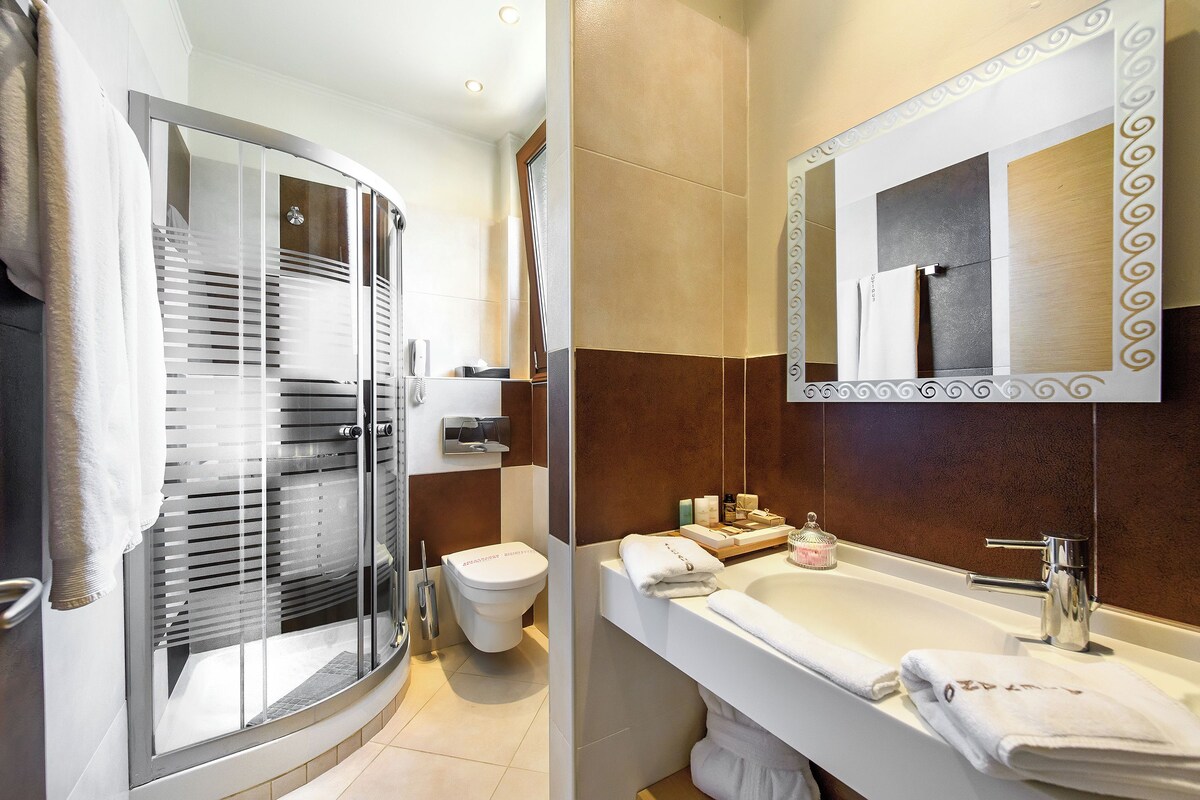 Een badkamer met een douche, toilet, wastafel en een grote spiegel.