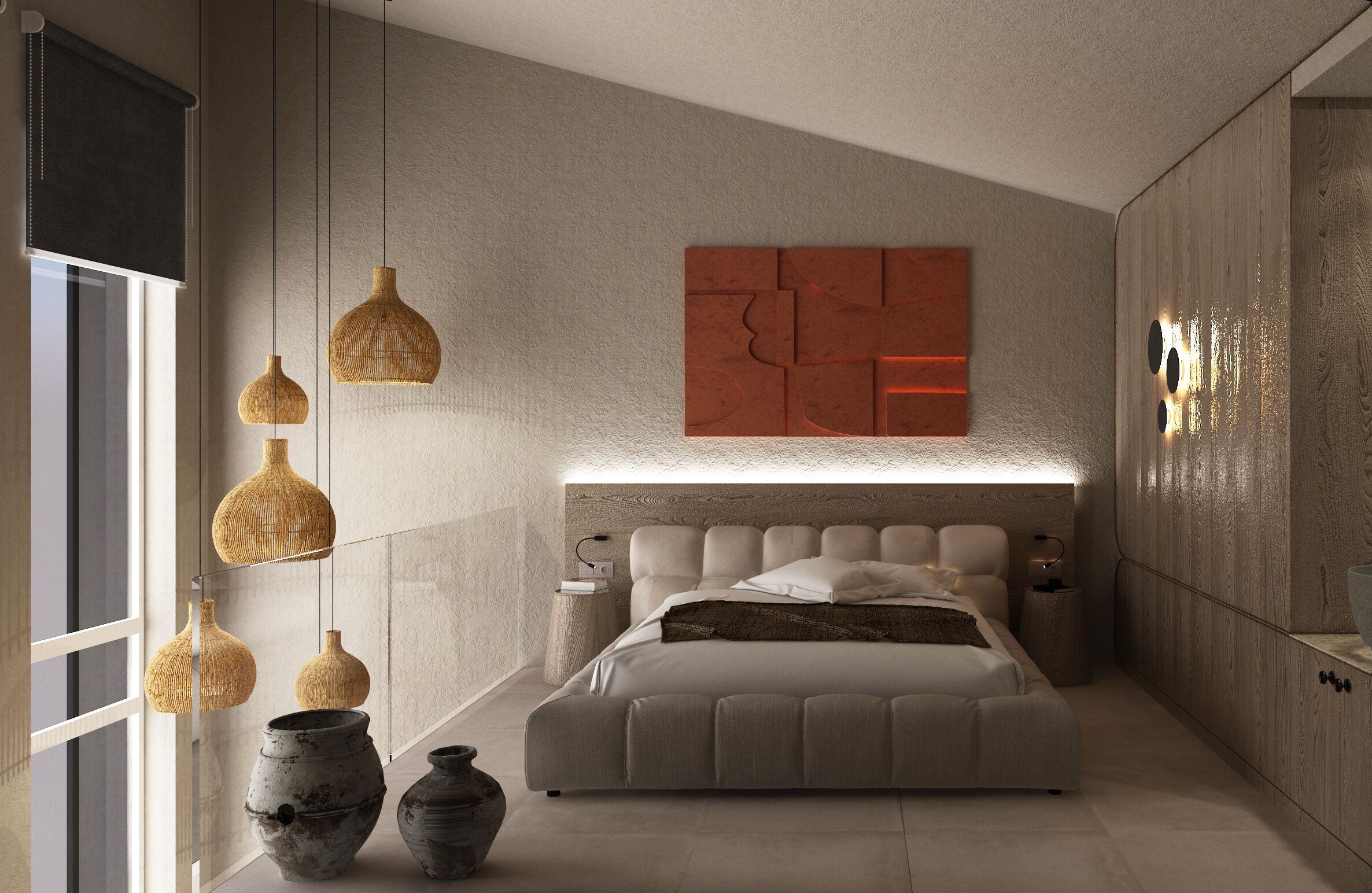A modern bedroom with a large bed, bedside tables, and a wall-mounted light fixture.