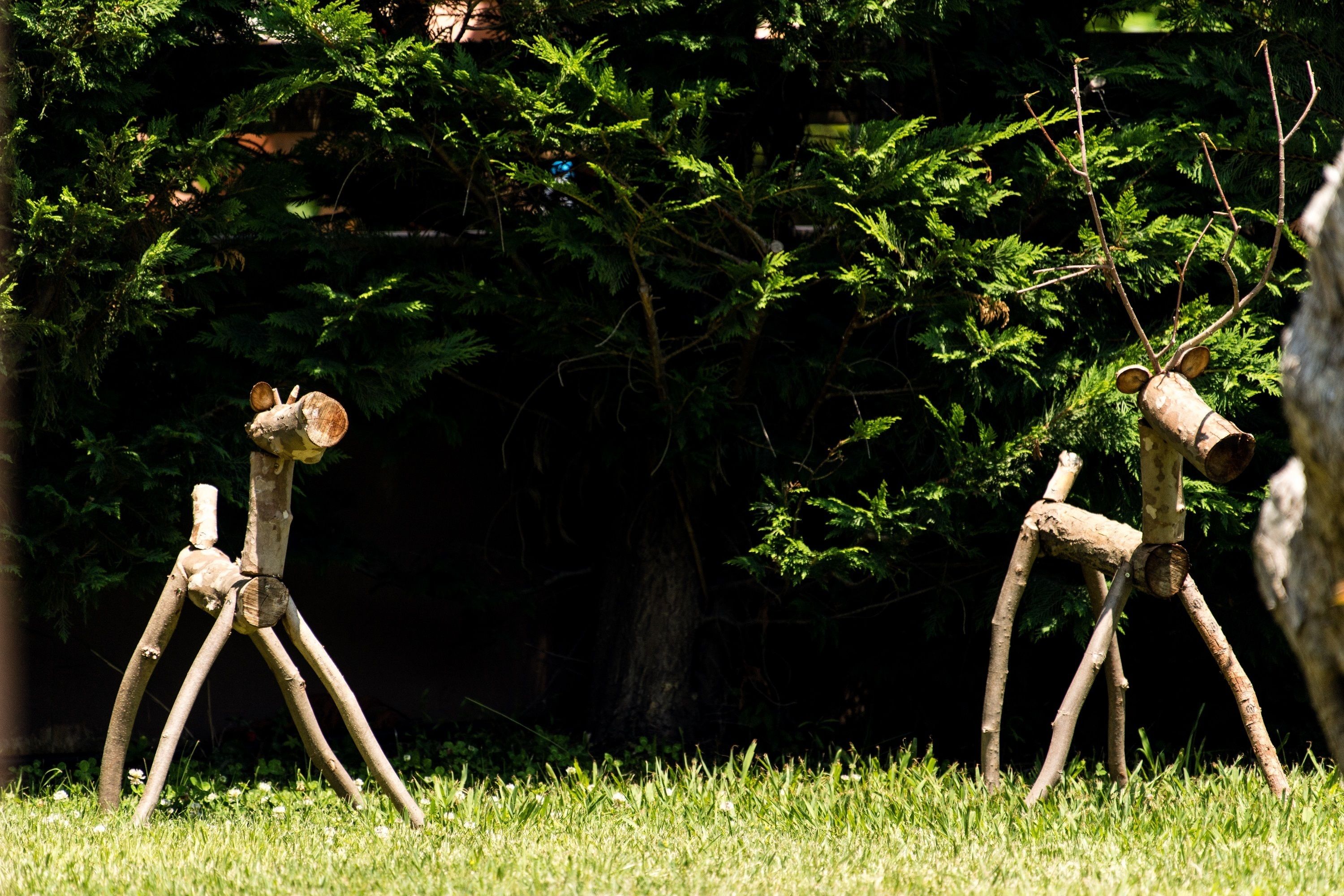 Two rustic wooden sculptures in a grassy area with dense green foliage in the background.