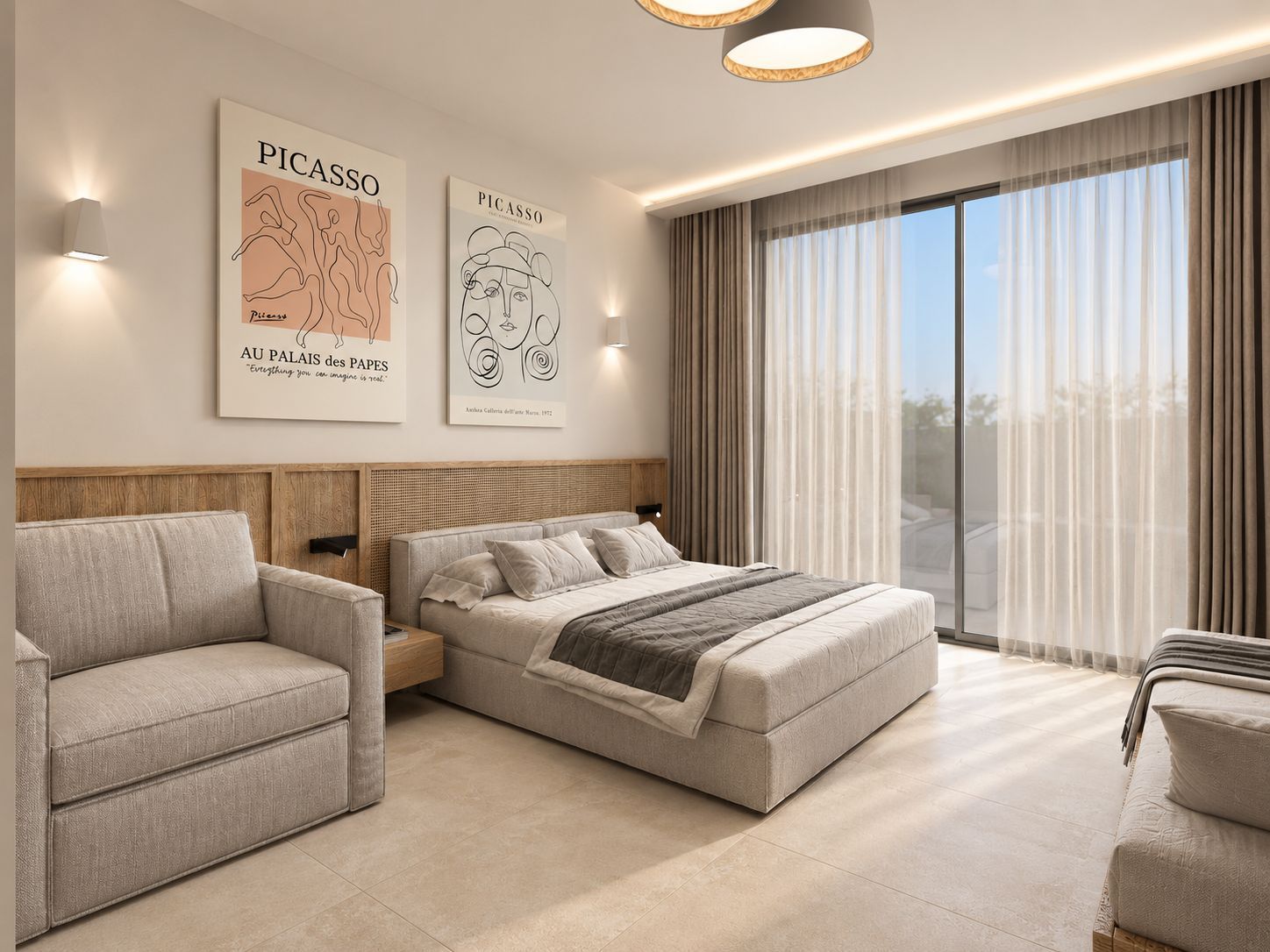 Un dormitorio moderno con cama, sofá y dos obras de arte en la pared.
