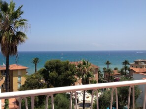 A balcony with a view of the sea, palm trees, and buildings with red-tiled roofs. - Hotel Nettuno (Diano Marina)