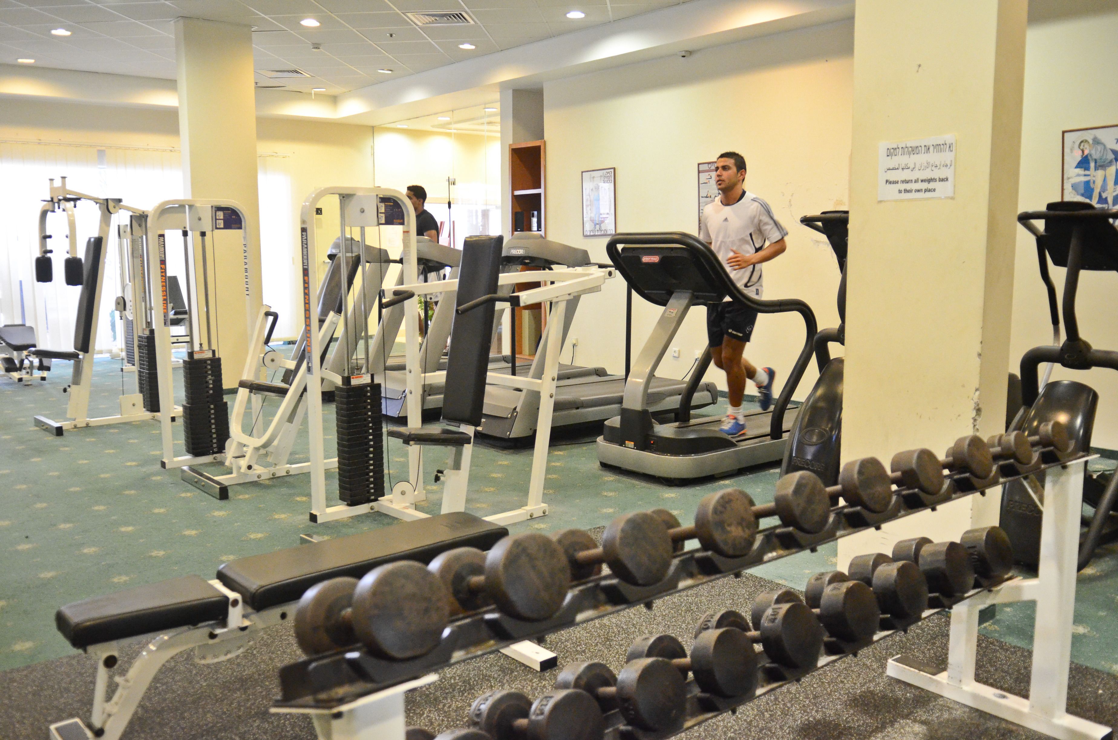 Un gimnasio con cintas de correr, máquinas de pesas y un banco.
