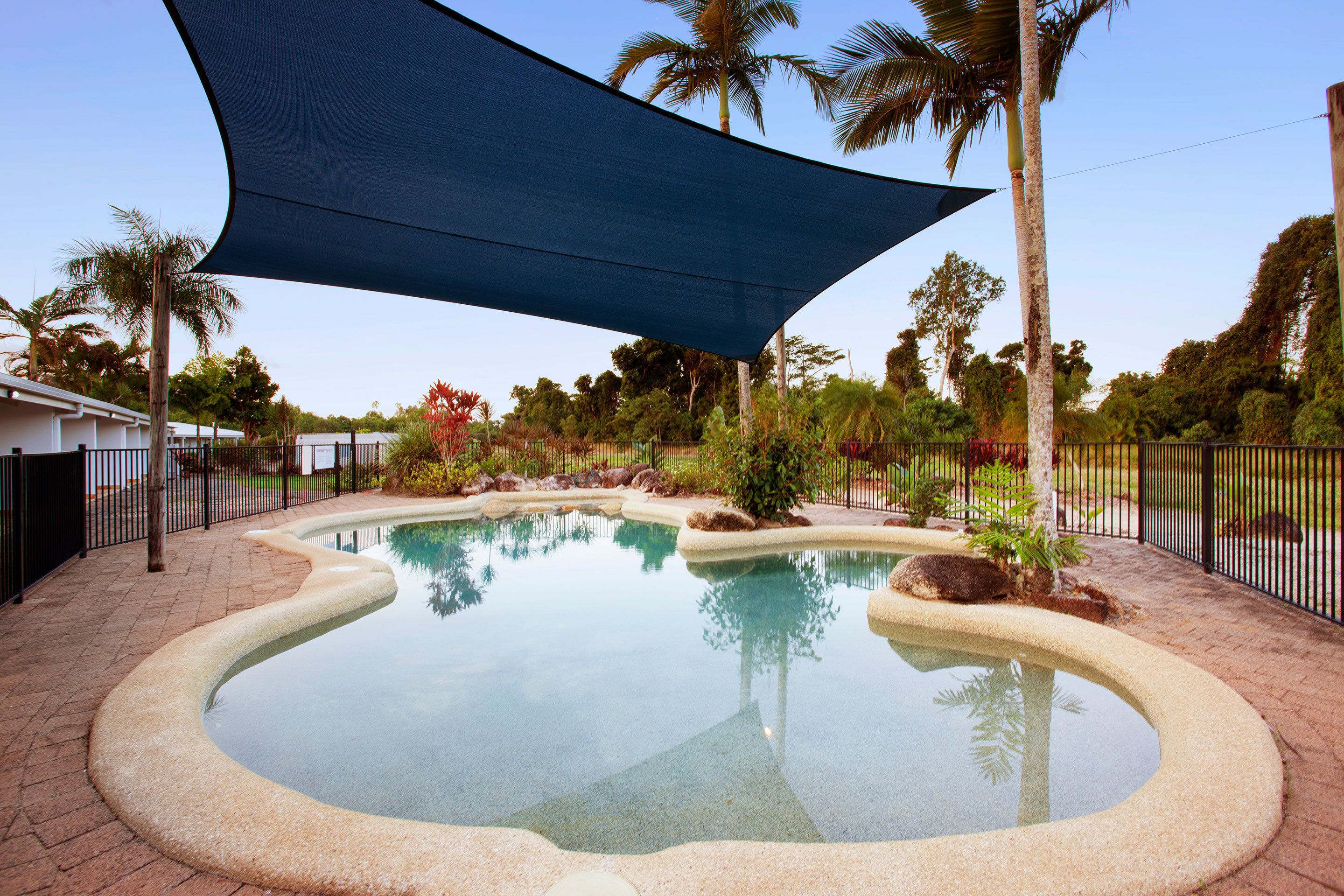 A swimming pool with a curved edge, surrounded by a brick pathway, palm trees, and a shaded area with a dark canopy.