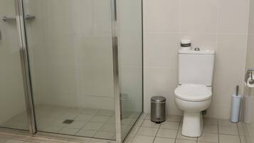 A bathroom with a glass-enclosed shower, a toilet, and a trash bin.