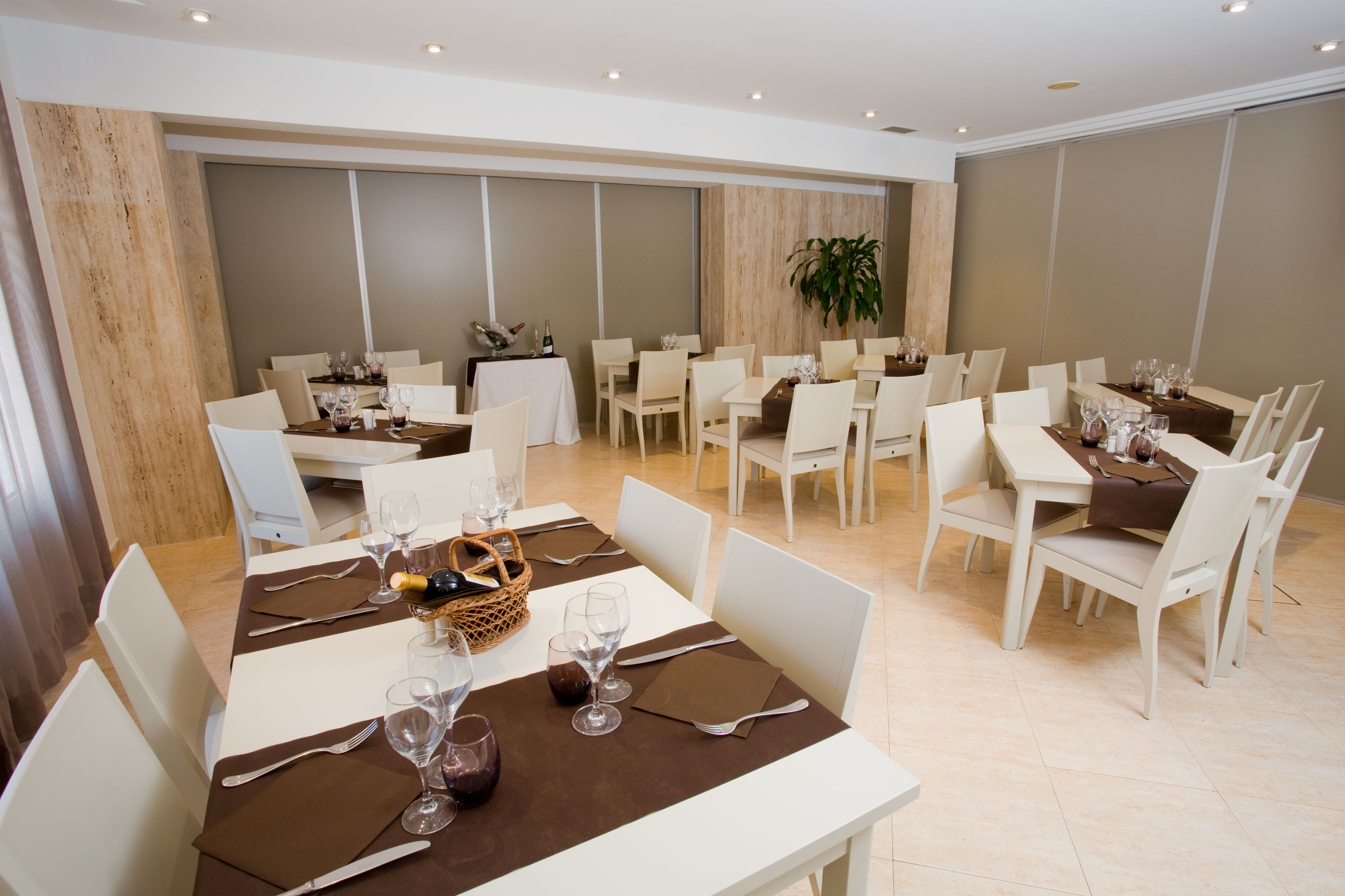 Un comedor con varias mesas dispuestas para una comida, sillas blancas y una planta grande en maceta al fondo.