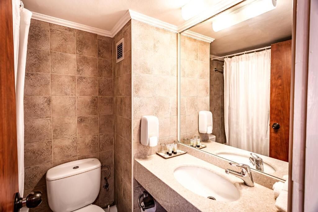 Une salle de bain avec des toilettes, un lavabo et un miroir.