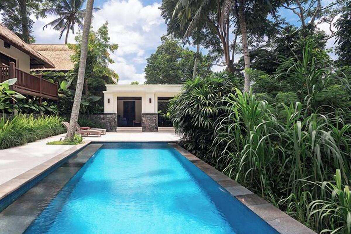 A swimming pool with a stone border, surrounded by lush greenery and a thatched-roof building.