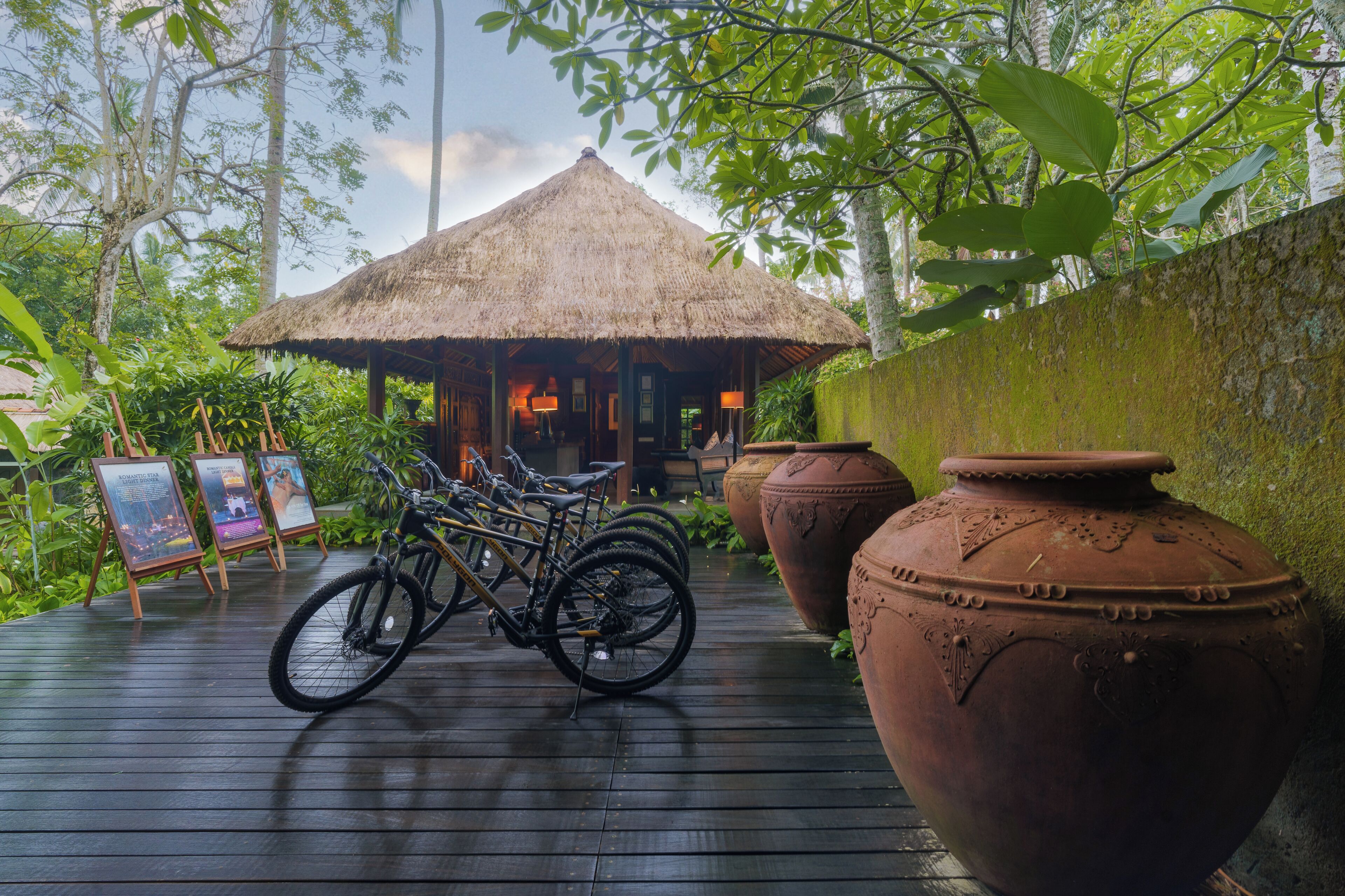 A thatched-roof structure with bicycles parked in front, surrounded by large terracotta pots and lush greenery.