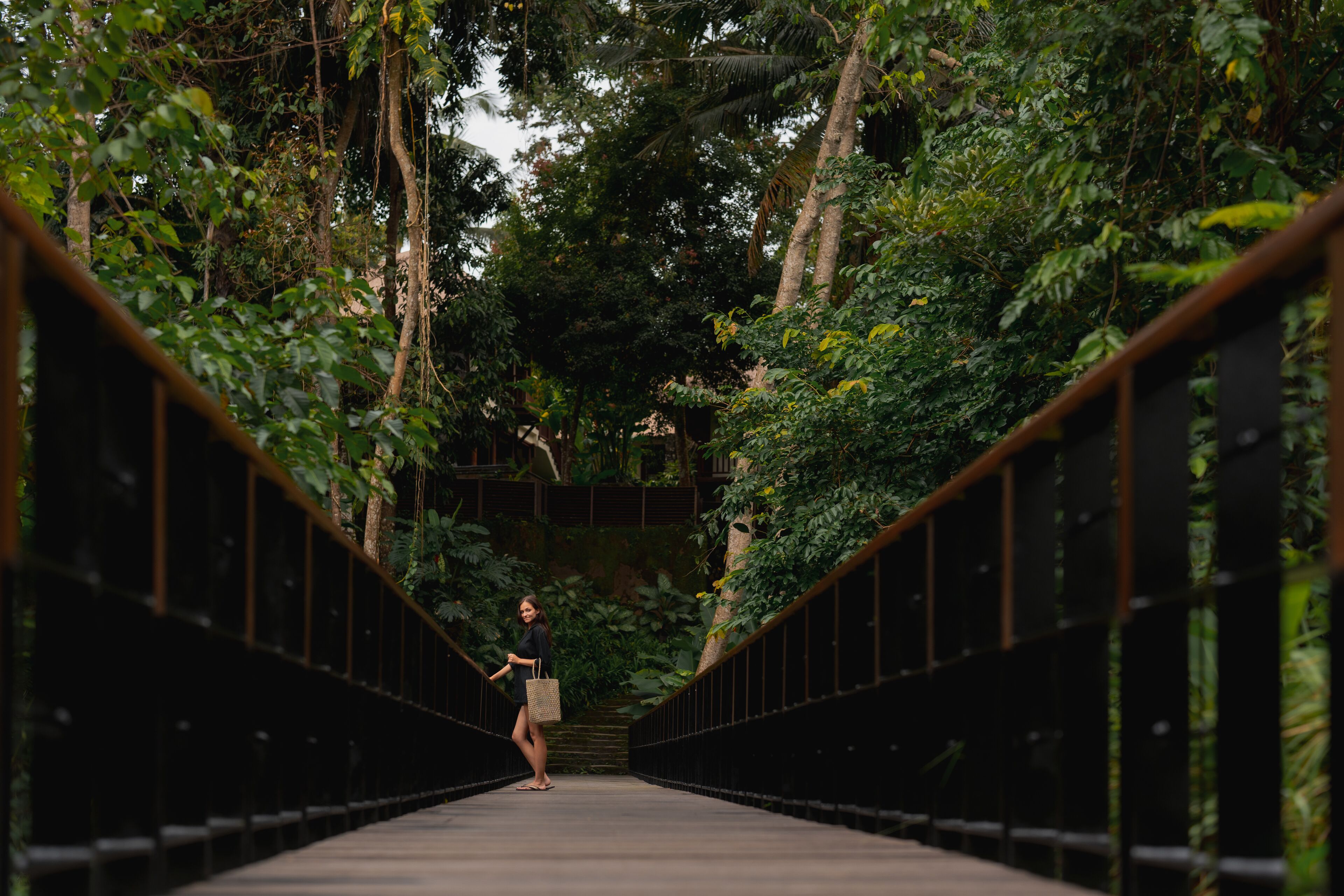 A bridge with metal railings and a person walking on it.