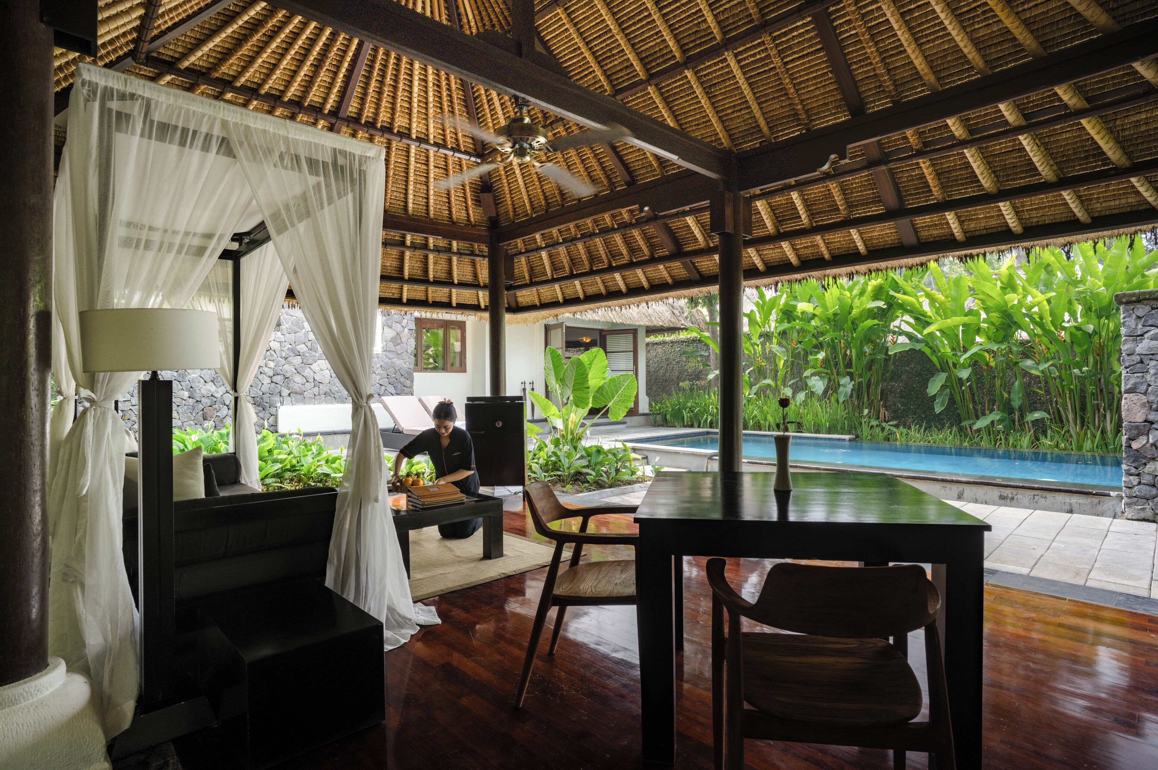 A room with a thatched roof, a pool, and lush greenery outside.