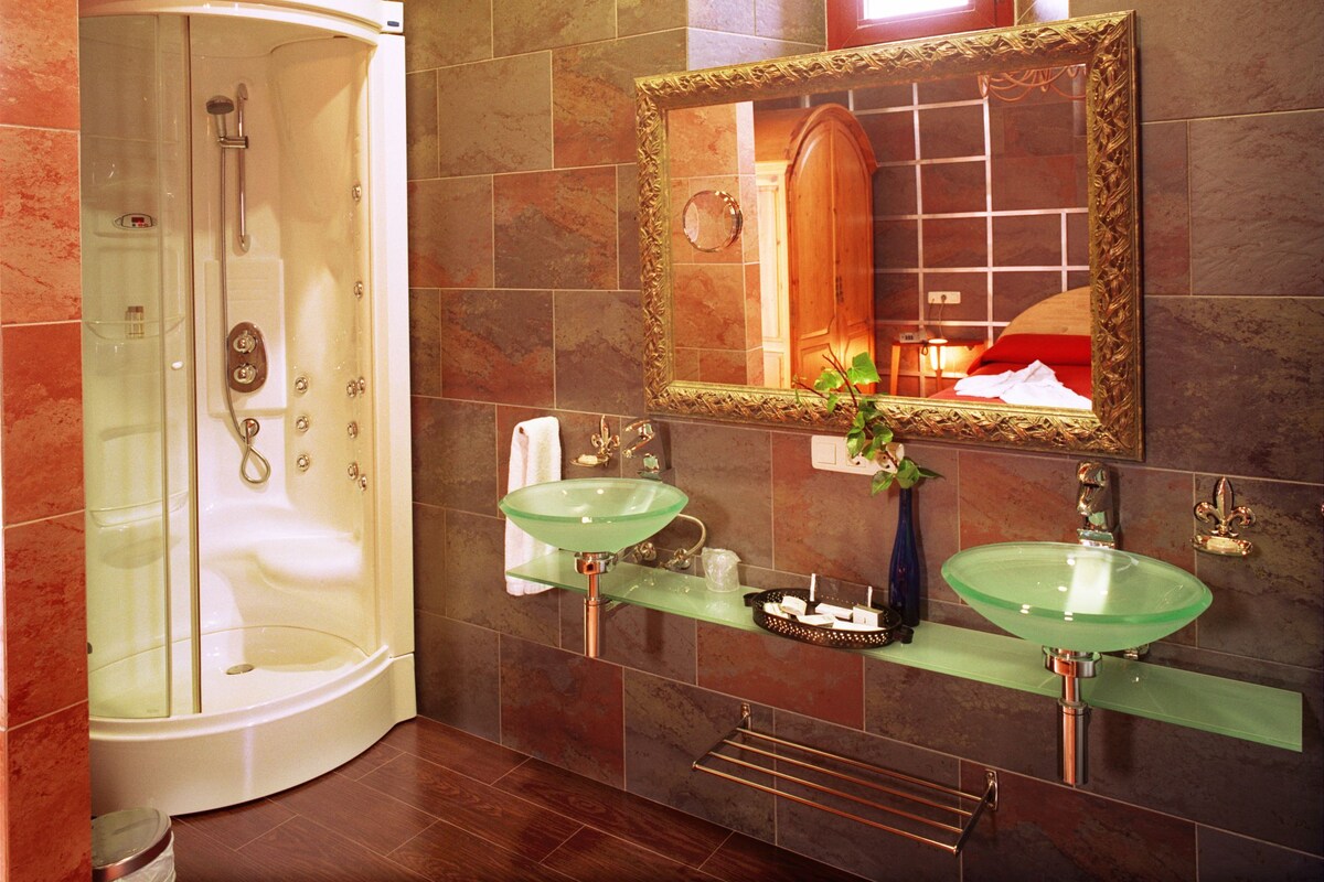 A bathroom with a walk-in shower, two sinks, and a large mirror.
