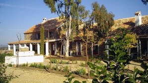Une maison traditionnelle en pierre, avec un toit en tuiles, entourée d’un jardin où poussent différentes plantes et arbres.