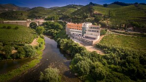 A vineyard with a river, a bridge, and a modern building with a sign "Vila Gale". - Vila Gale Collection Douro Hotel (Lamego)