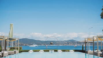 3 outdoor pools, open 9:00 AM to 8:00 PM, pool umbrellas, pool loungers