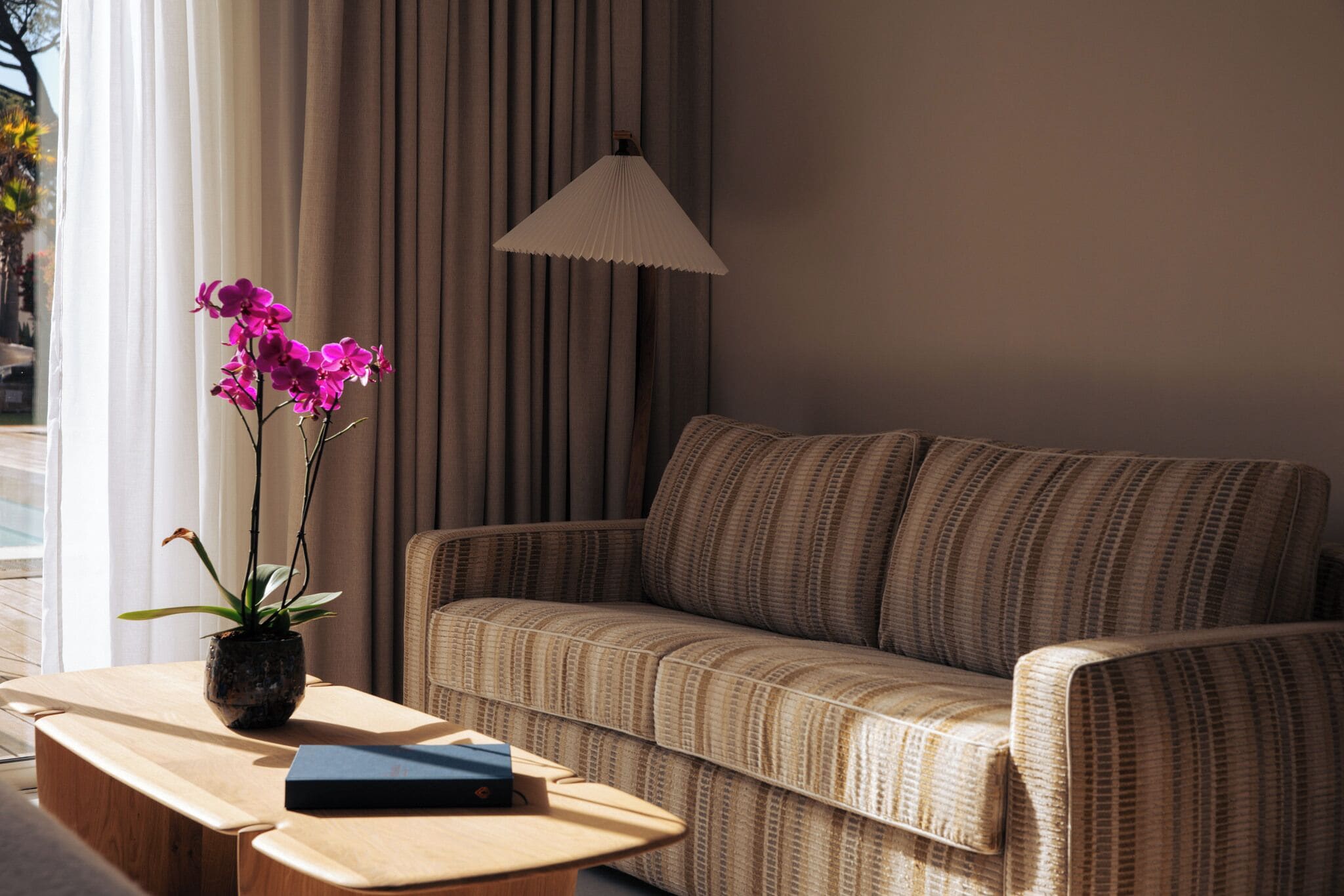 A living room with a sofa, a coffee table, a lamp, and a potted plant.