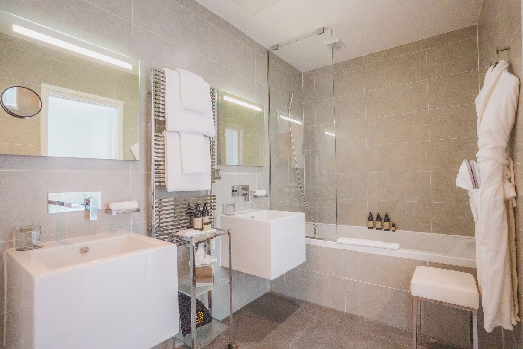 classic white sea | bathroom | hair dryer, bathrobes, towels