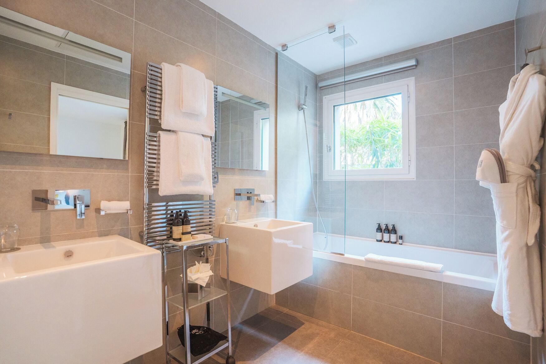 classic white | bathroom | hair dryer, bathrobes, towels