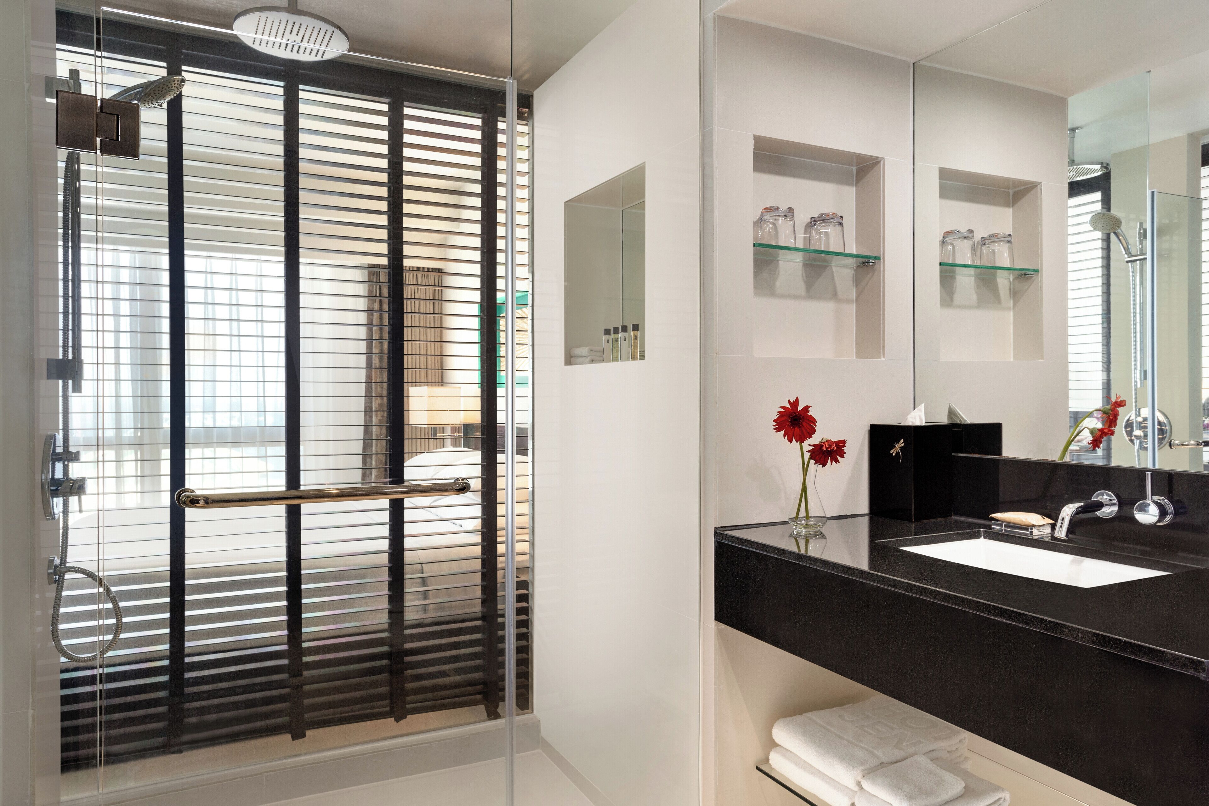 Un baño moderno con ducha envuelta en vidrio, un lavamanos con encimera negra y un espejo grande.