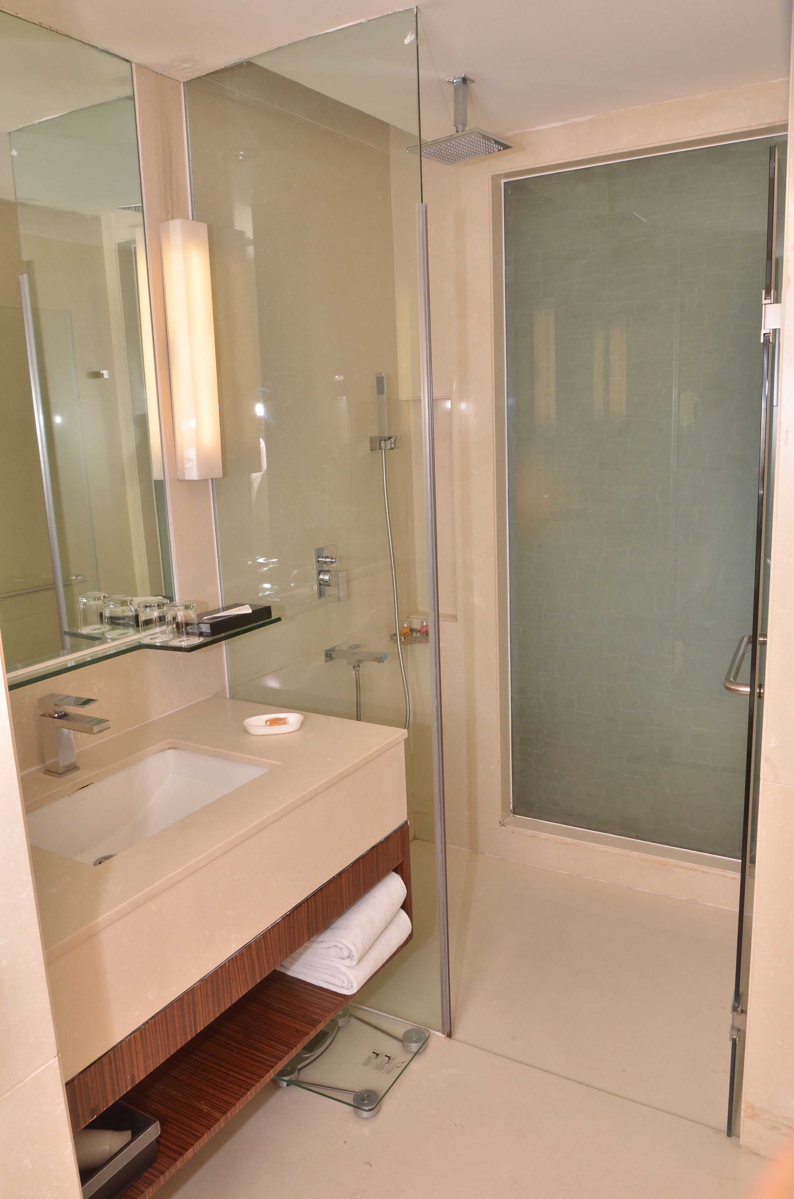 Un baño moderno con ducha cubierta por vidrio, un espejo grande y un tocador con lavamanos y barra para toallas.