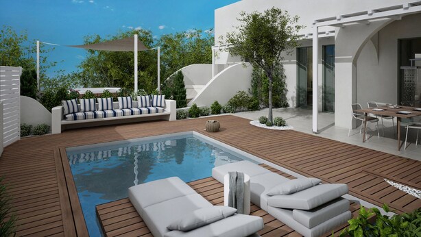 A modern outdoor pool area with wooden decking, a built-in seating area, and a pergola providing shade. - Kedros Villas (Naxos)