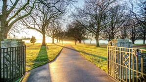 A pathway flanked by stone walls and trees, leading into a misty park area. - Parkview On Hagley (Christchurch)