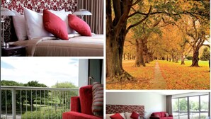 A hotel room with a bed, a red chair, and a balcony with a view of a park. - Parkview On Hagley (Christchurch)
