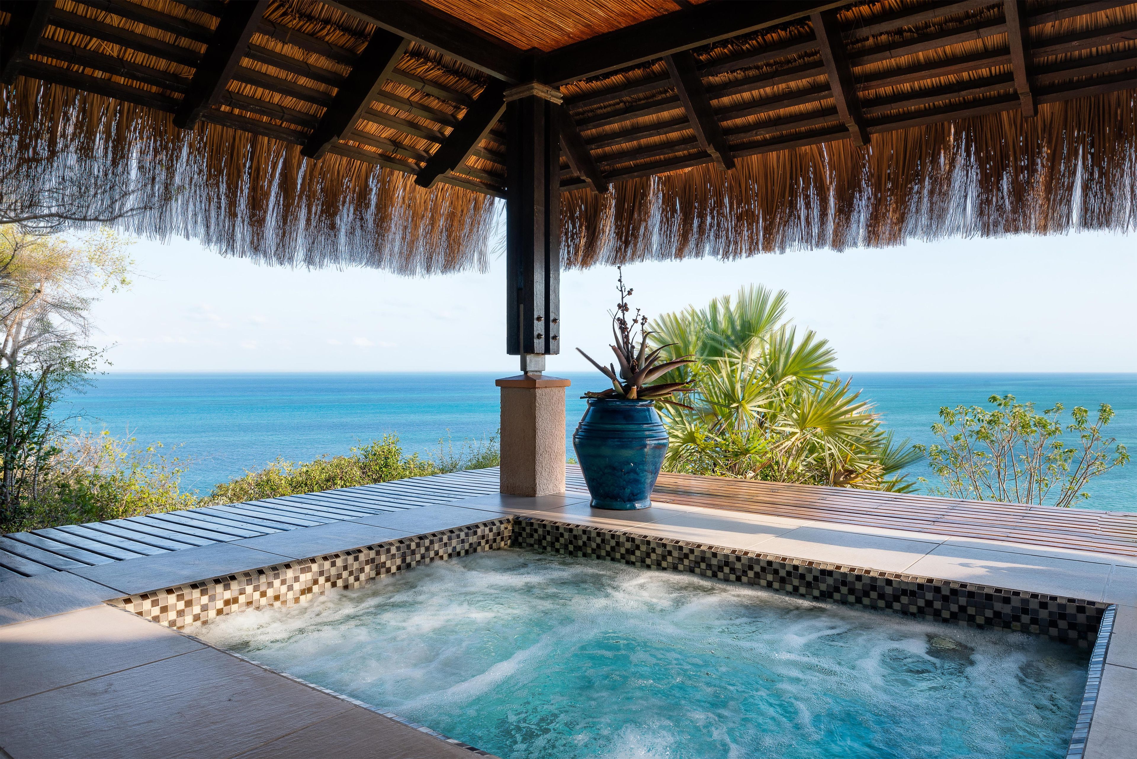 A hot tub with a view of the ocean, surrounded by tropical plants and a thatched roof structure.