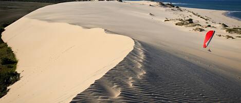 A beach with sand dunes and a person paragliding.