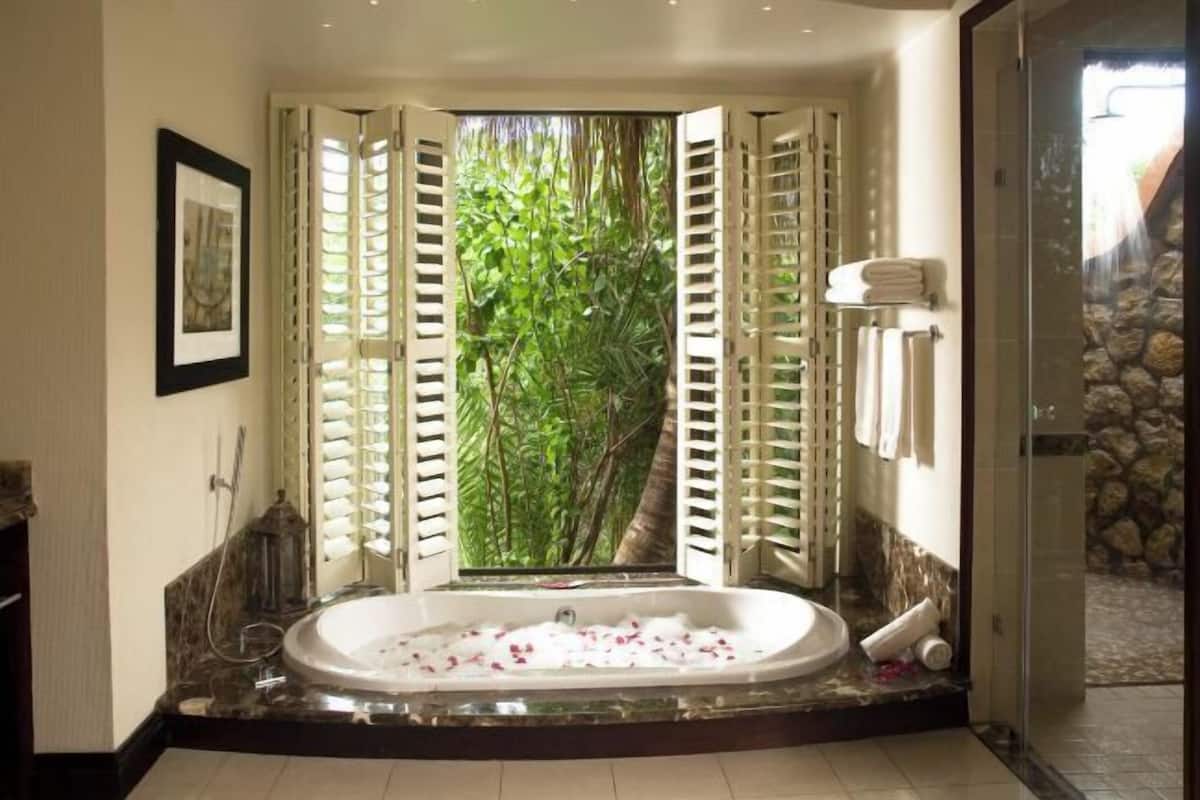 Separate bathtub and shower, deep-soaking bathtub, rainfall showerhead