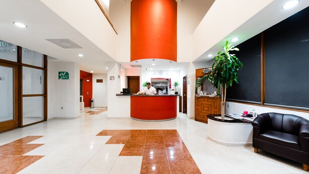 A hotel lobby with a reception desk, a black leather sofa, a large potted plant, and a red pillar. - Mision Express Celaya (Celaya)