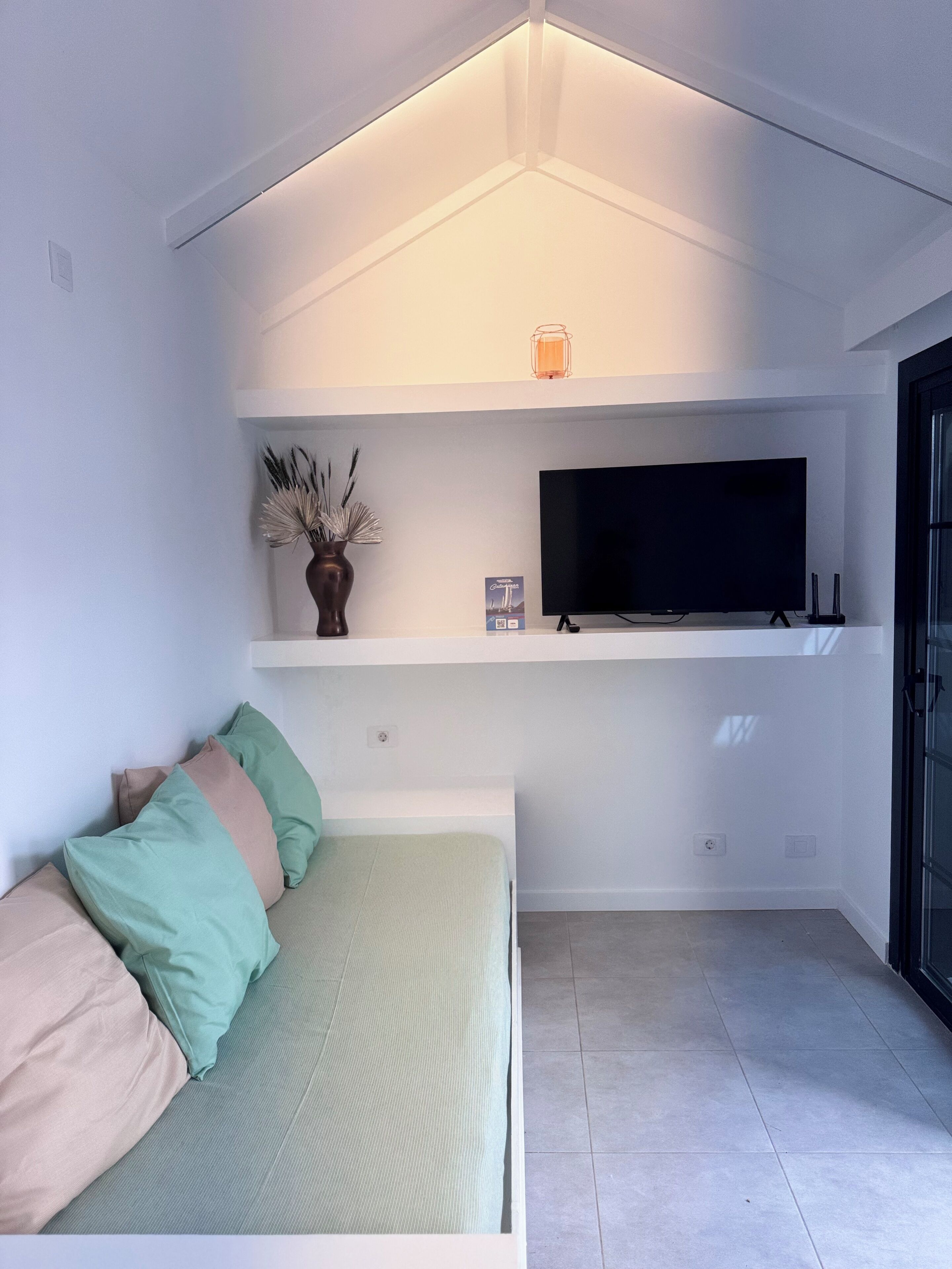 Un soggiorno moderno con un divano, una TV a schermo piatto, un vaso con piante essiccate e un tavolino.