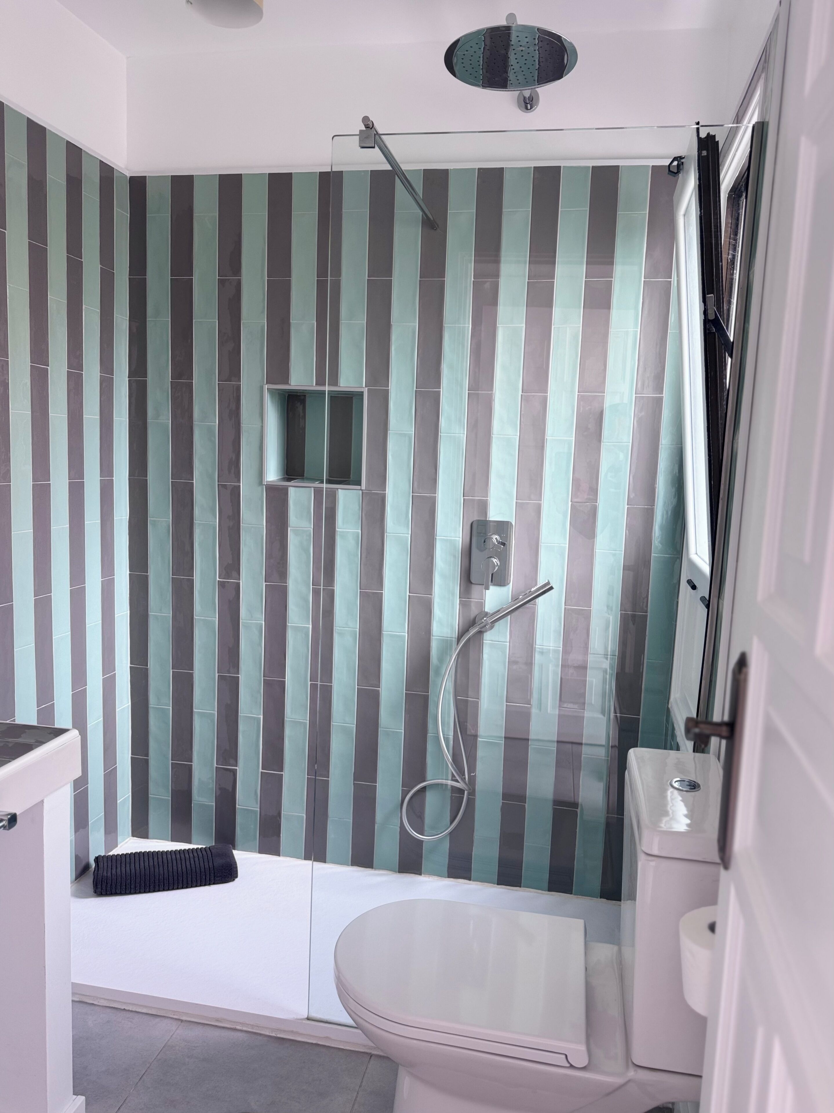 Une salle de bain avec douche, toilettes et lavabo.