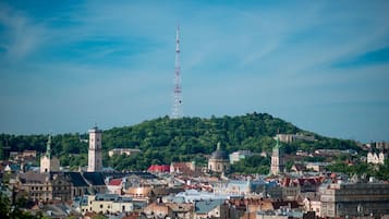 Un paisaje urbano con una torre destacada, edificios históricos y una colina con abundante vegetación.