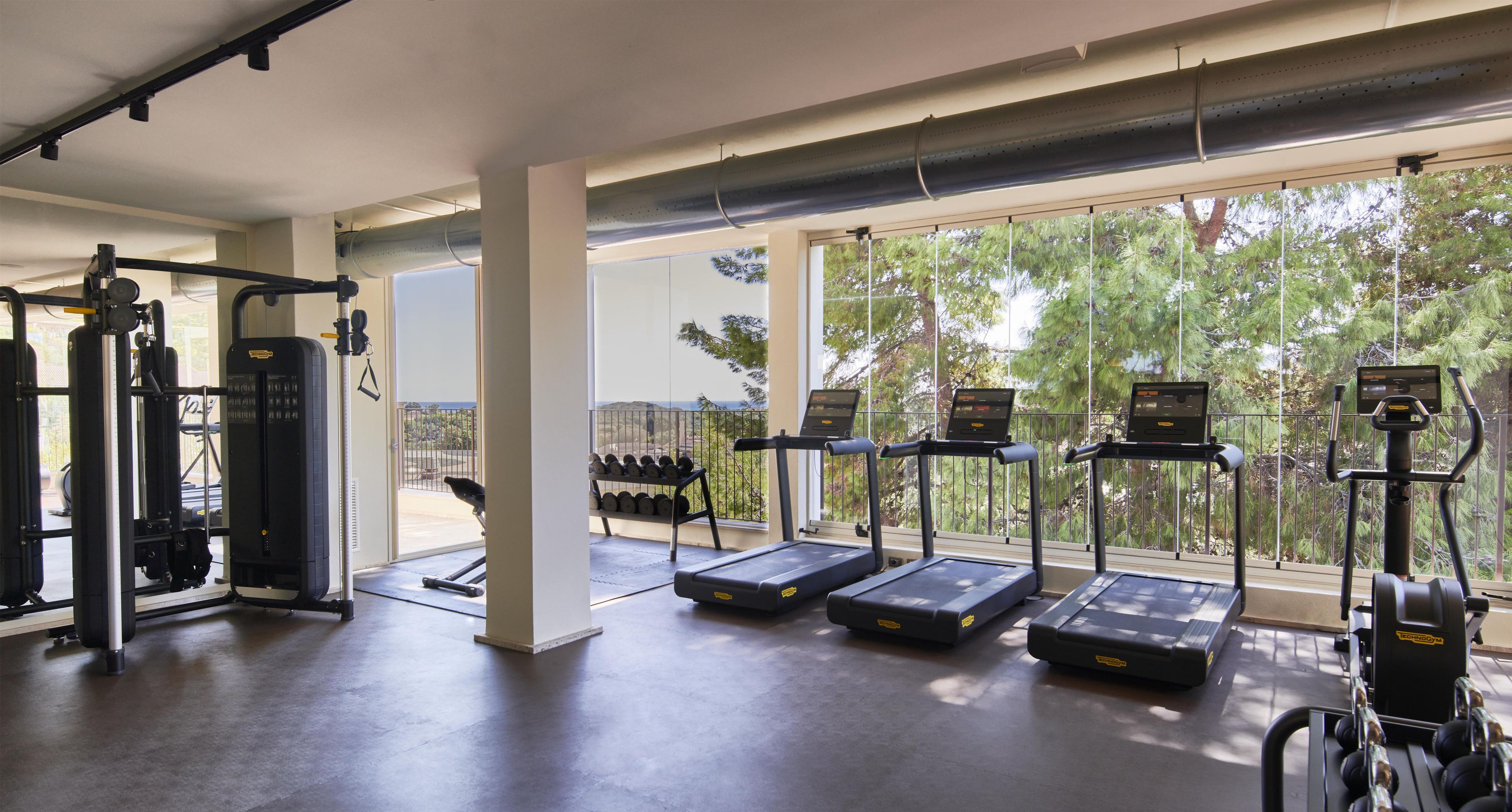 A gym with treadmills, weight machines, and dumbbells.