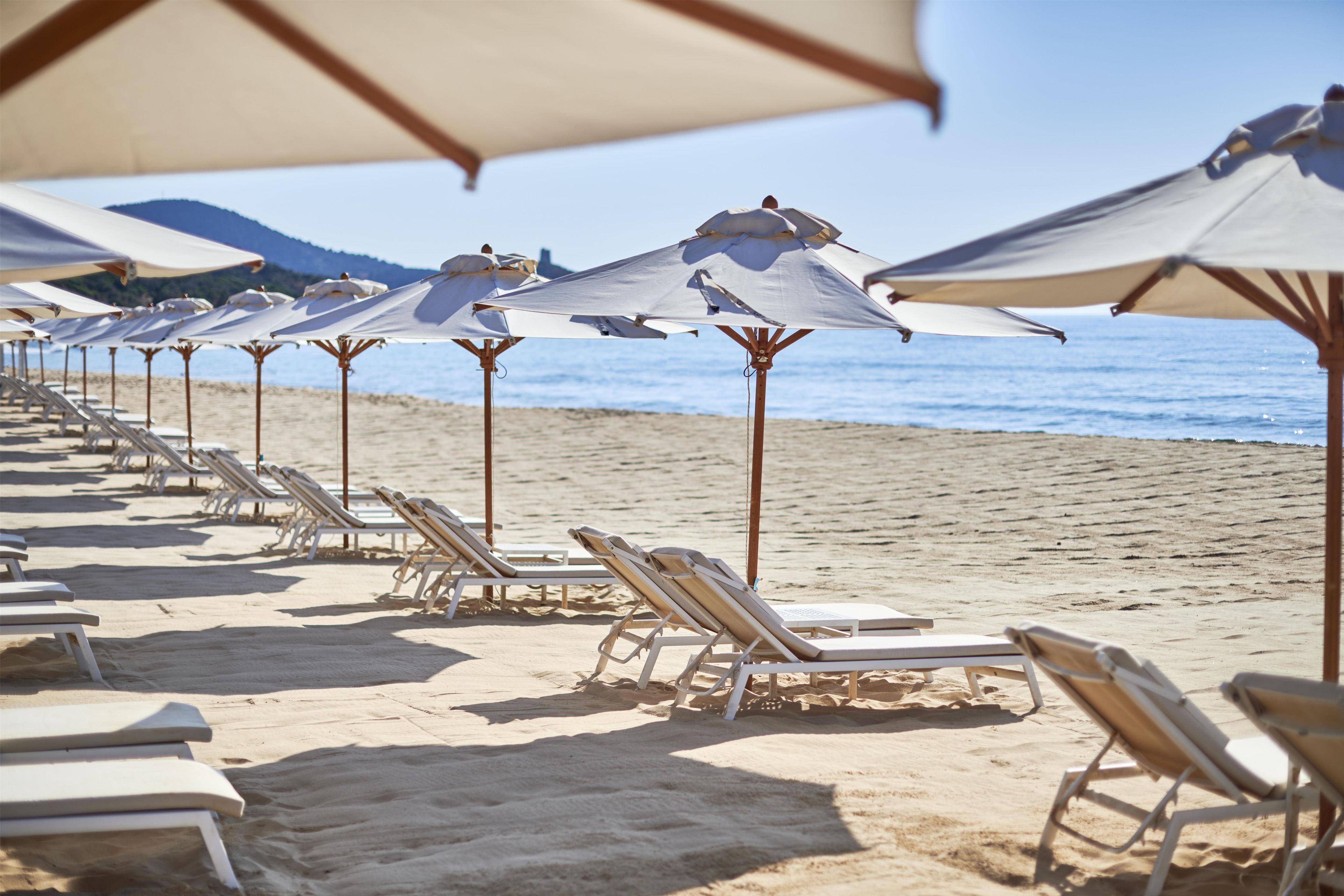 A beach with rows of sun loungers and umbrellas.