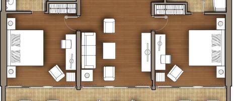 Un plan d’aménagement de chambre d’hôtel comprenant une salle de bain, un coin salon et une chambre à coucher.